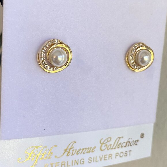 Infinity Gold Tone Faux Pearl Cubic Zirconia Earrings - Picture 2 of 6